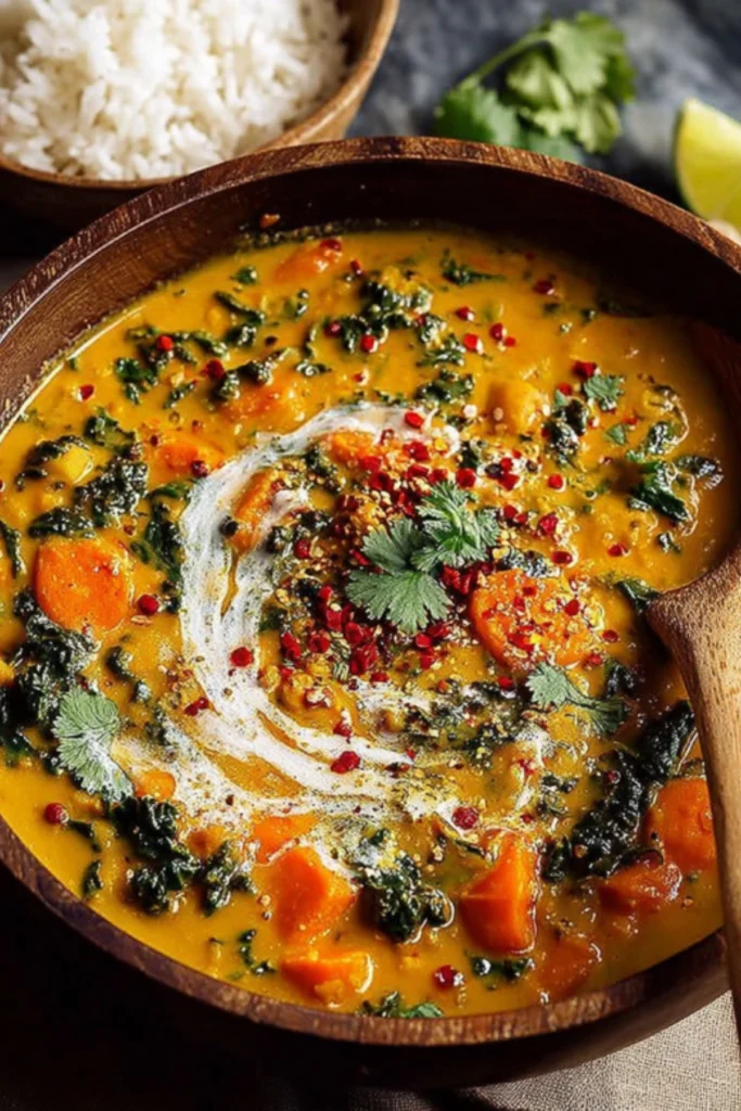 Pumpkin Curry served with coconut cream swirl, fresh cilantro, and red chili flakes in a rustic wooden bowl, with rice in the background.