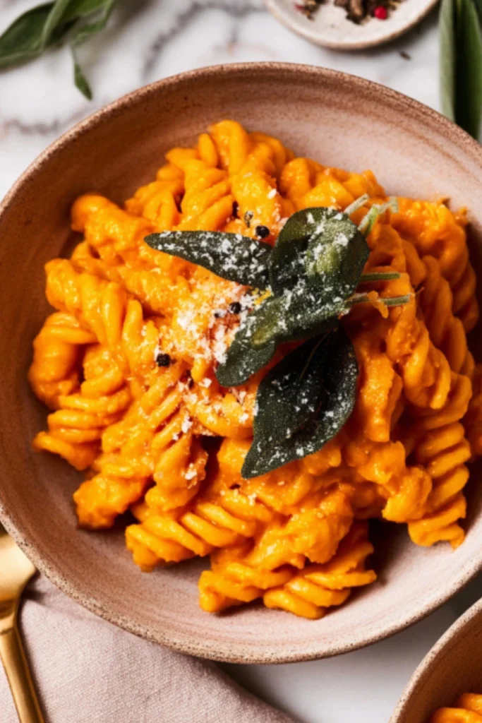 Close-up of Creamy Roasted Pumpkin & Sage Pasta with Fresh Sage Leaves and Parmesan
