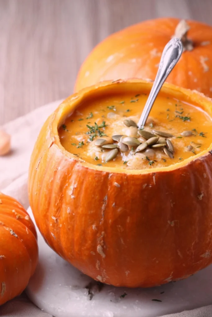 Pumpkin Soup in a Pumpkin Bowl topped with roasted pumpkin seeds and fresh thyme on a marble countertop.