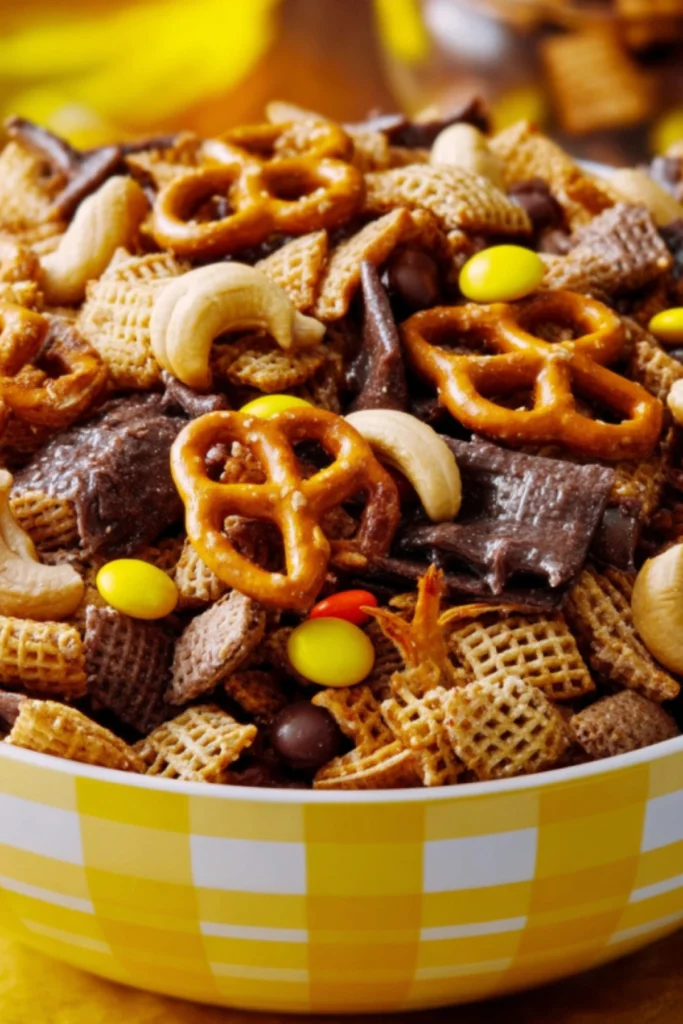 Close-up of Witches' Brew Chex Mix in yellow striped bowl showing pretzels, Chex cereal, cashews, chocolate pieces, and colorful candies