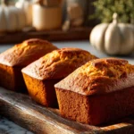 Mini Pumpkin Loaves freshly baked, golden-brown with a light, fluffy texture, served on a rustic wooden board with soft natural lighting and autumn decor in the background.