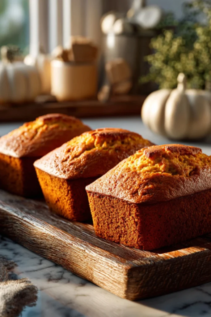 Mini Pumpkin Loaves freshly baked, golden-brown with a light, fluffy texture, served on a rustic wooden board with soft natural lighting and autumn decor in the background.