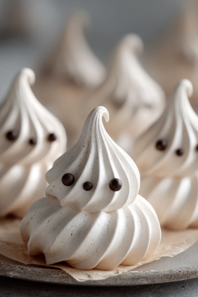 Ghost Meringue Cookies with Chocolate Chip Eyes on Parchment