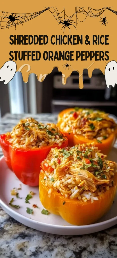 Three Shredded Chicken and Rice Stuffed Orange Peppers served on a white plate with fresh herbs on top