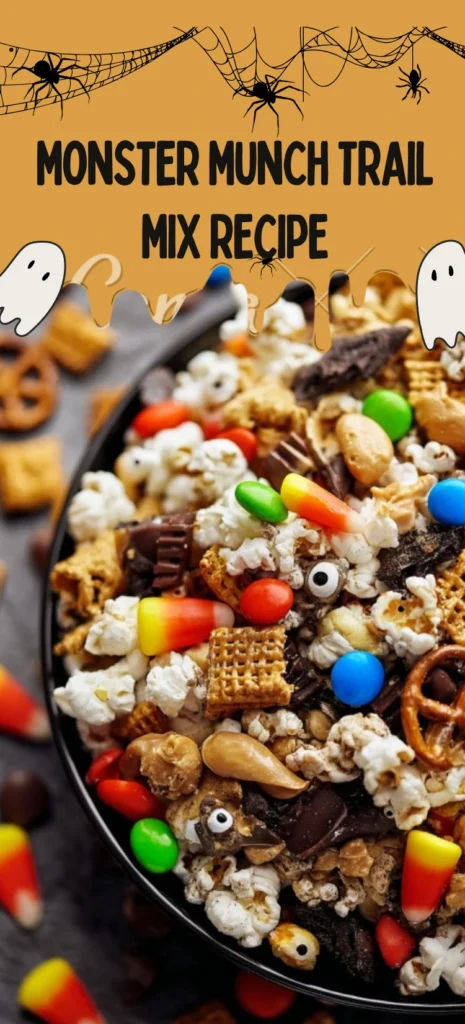 Monster Munch Trail Mix with popcorn pretzels candy corn and chocolate