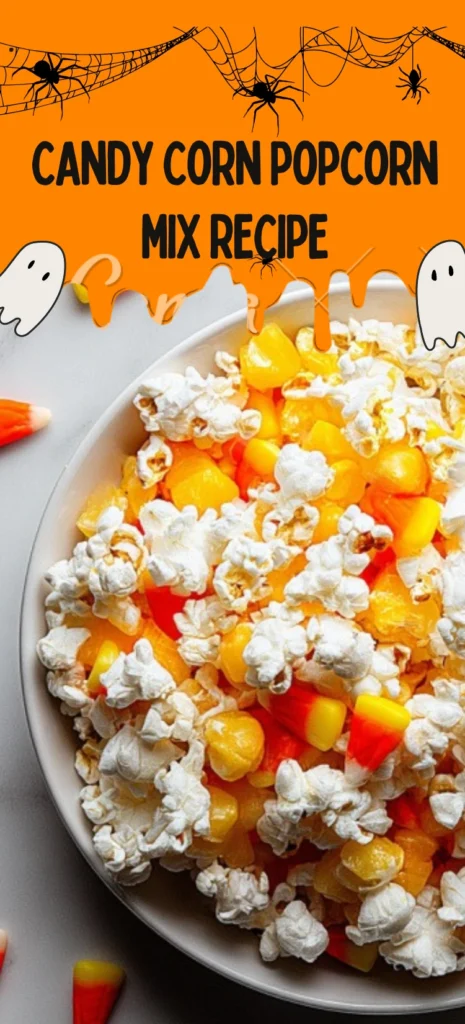Halloween Candy Corn Popcorn Mix in a white bowl with festive orange and black recipe banner