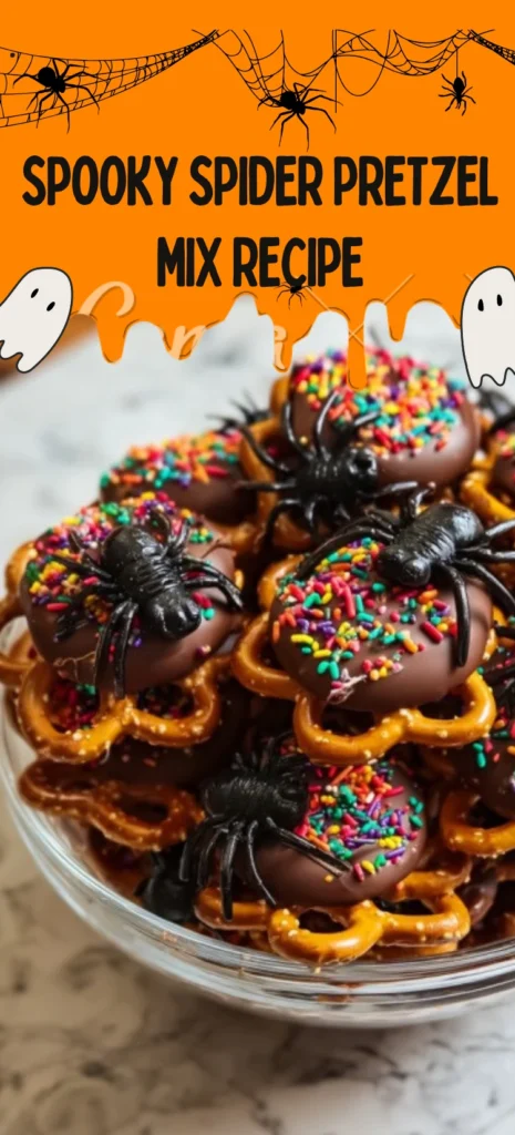 Spooky Spider Pretzel Mix made with pretzels, chocolate, rainbow sprinkles, and gummy spiders served in a clear glass bowl on marble countertop