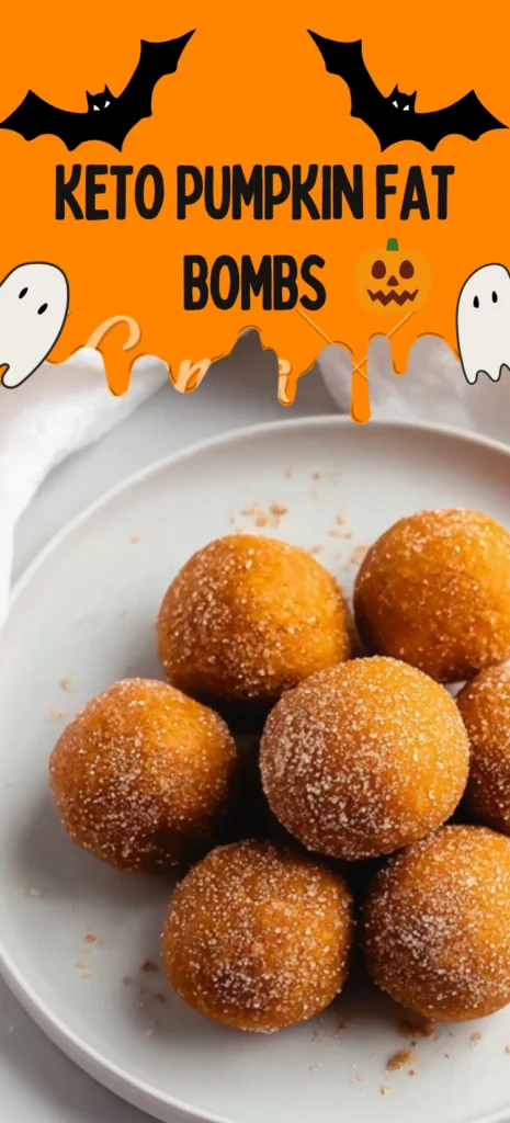 Halloween themed keto pumpkin fat bombs coated with cinnamon sugar on a white plate