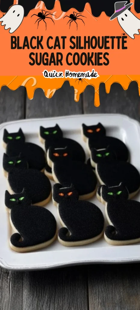Black Cat Silhouette Sugar Cookies decorated with black sanding sugar and bright candy eyes, spooky Halloween cookies on a white serving platter.