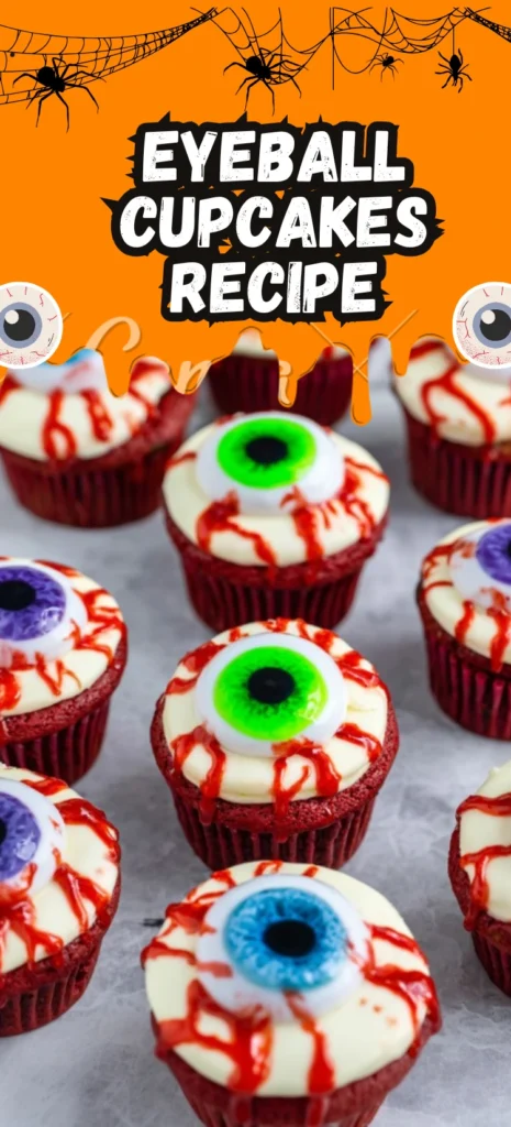 Halloween Eyeball Cupcakes with Red Velvet, Frosting, and Syrup Drizzle