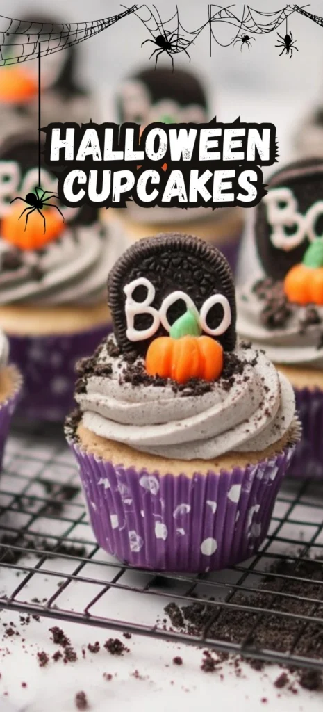 Halloween cupcakes with Oreo tombstones, pumpkin toppers, and chocolate cookie crumbs for a spooky and festive treat.
