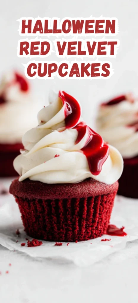Halloween Red Velvet Cupcake with cream cheese frosting and spooky raspberry drizzle, perfect Halloween dessert