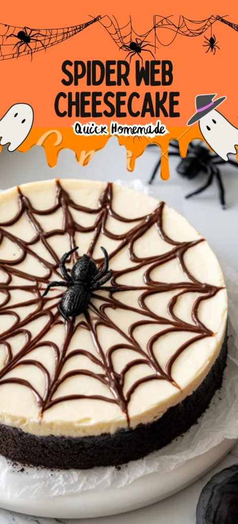 Spider Web Cheesecake with Chocolate Cookie Crust and Halloween Chocolate Web