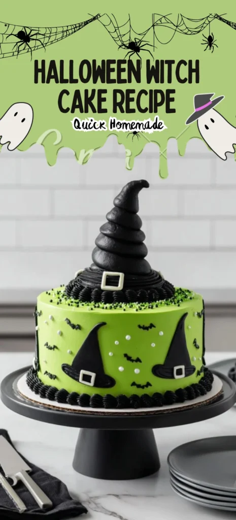 Halloween Witch Cake with Green Frosting and Black Hat Topper