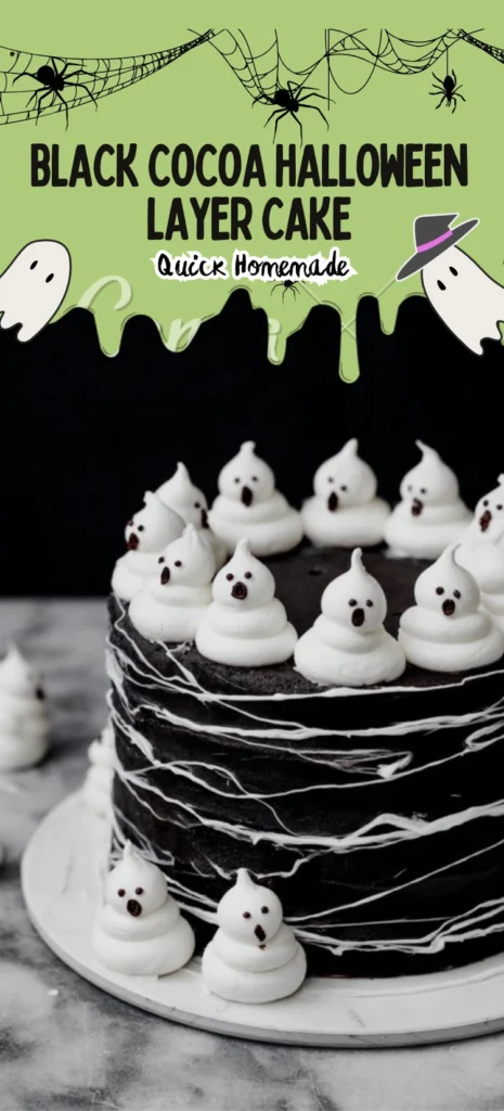 Black Cocoa Halloween Layer Cake with Ghost Meringues and Marshmallow Webs