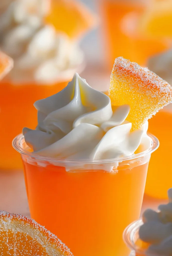 Keto Orange Jello Shots with Whipped Cream and Sugar-Free Orange Candy Garnish