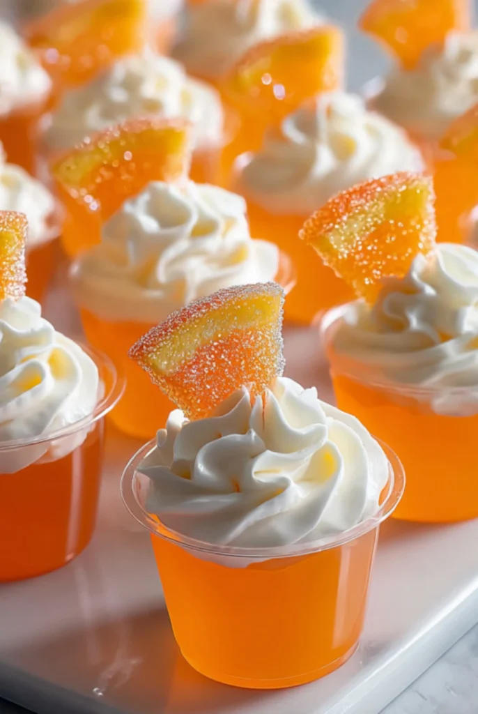 Keto Orange Jello Shots with Whipped Cream and Sugar-Free Candy Wedges
