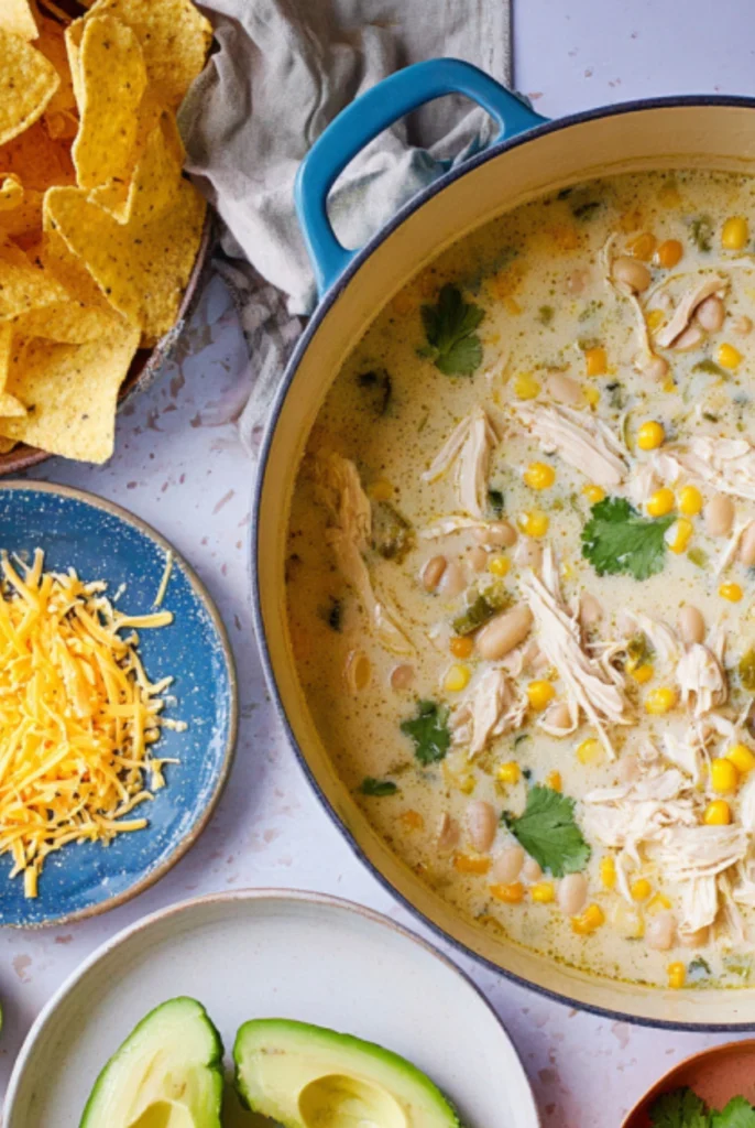 Dutch oven filled with creamy White Chicken Chili with Green Chiles, corn, beans, cilantro, and shredded chicken