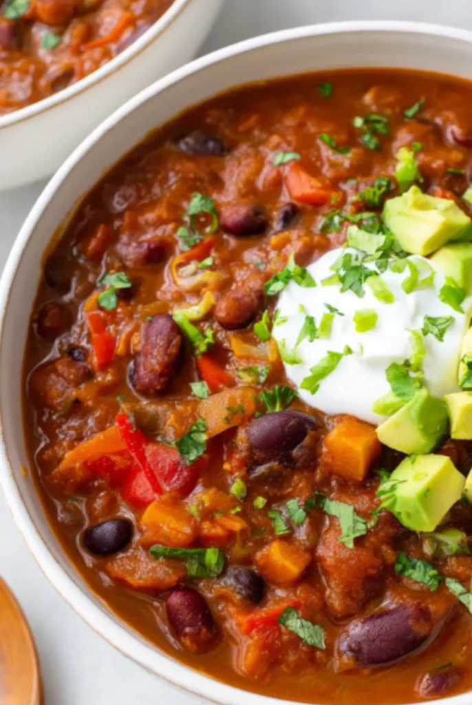 Pumpkin Chipotle Chili with Kidney Beans Avocado and Sour Cream