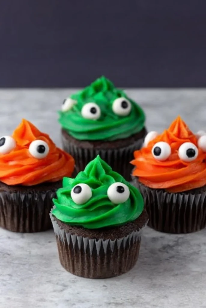 Monster Cupcakes with green and orange buttercream swirls, topped with edible candy eyes, on a marble countertop.