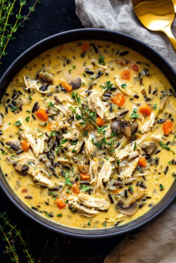 Creamy Chicken and Wild Rice Soup with Carrots and Mushrooms