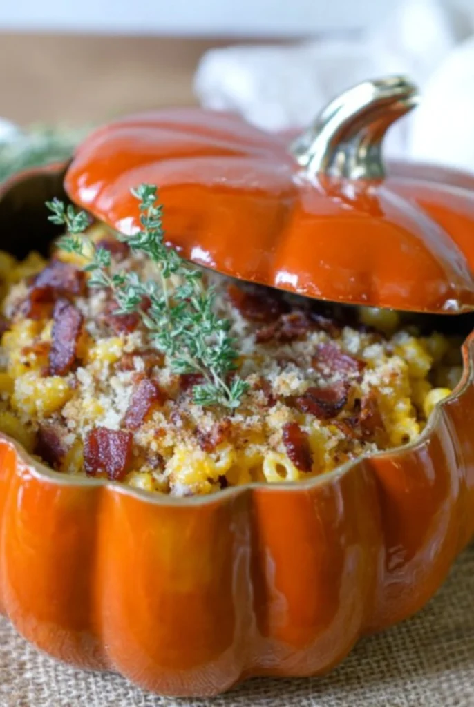 Pumpkin Mac and Cheese with Bacon in a festive pumpkin-shaped casserole dish topped with crispy bacon, breadcrumbs, and fresh thyme