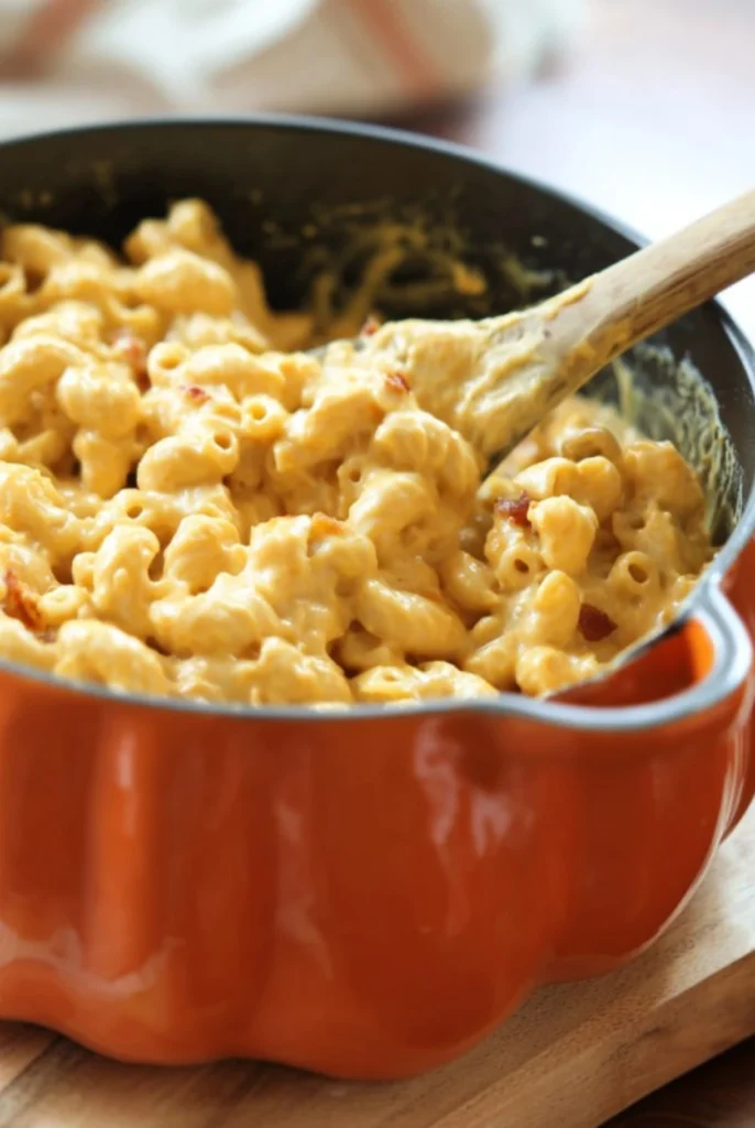 Pumpkin Mac and Cheese with Bacon in a festive pumpkin casserole dish stirred with a wooden spoon, creamy and cheesy pasta close-up