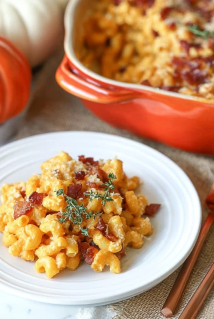Pumpkin Mac and Cheese with Bacon served on a white plate with crispy bacon topping and thyme garnish beside a festive pumpkin casserole