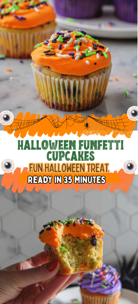 Halloween Funfetti Cupcakes with orange frosting and sprinkles plus a hand holding a bitten cupcake