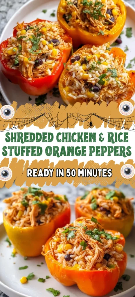 Shredded Chicken and Rice Stuffed Orange Peppers baked and served on a white plate with fresh herbs and corn