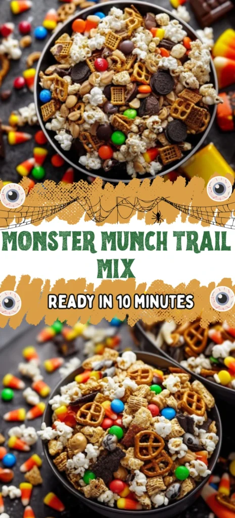 Monster Munch Trail Mix Halloween snack with popcorn pretzels candy corn and chocolates