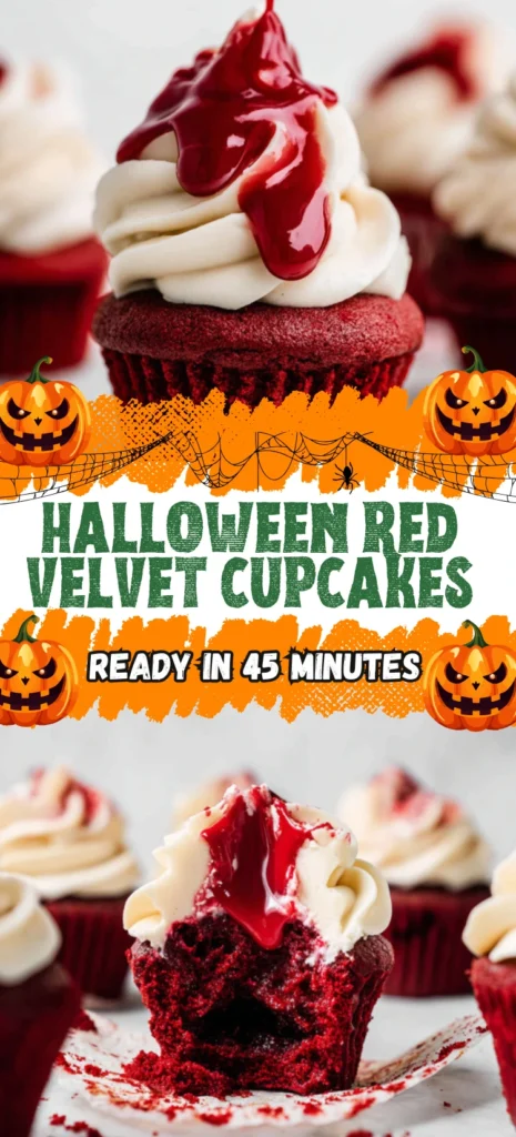 Halloween Red Velvet Cupcakes with cream cheese frosting and raspberry blood drizzle spooky dessert ready in 45 minutes