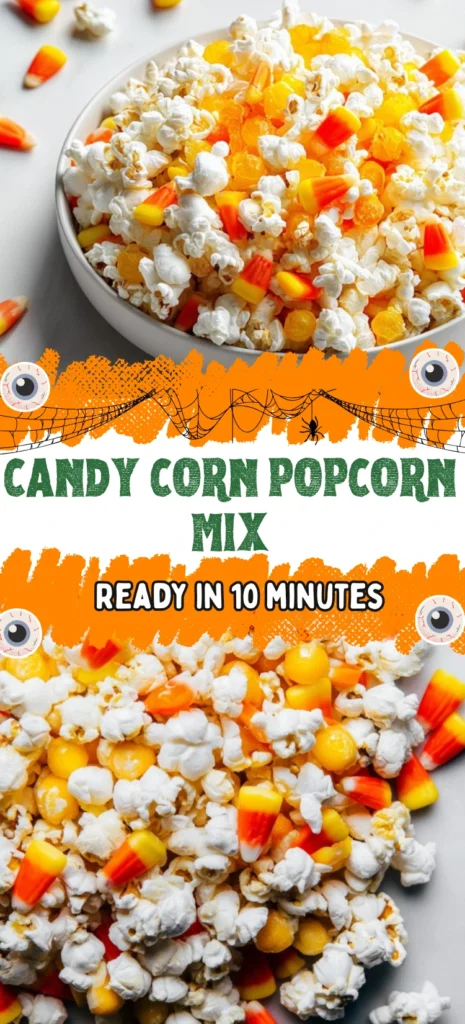 Halloween Candy Corn Popcorn Mix in a white bowl with colorful candy corn and festive recipe banner