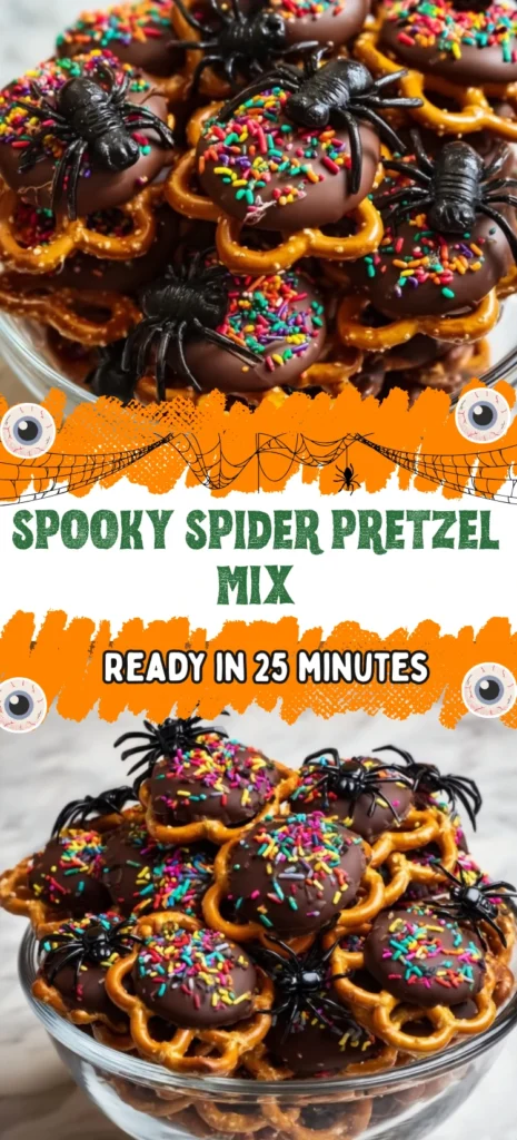 Spooky Spider Pretzel Mix made with chocolate covered pretzels, rainbow sprinkles, and gummy spider candies in a festive Halloween bowl