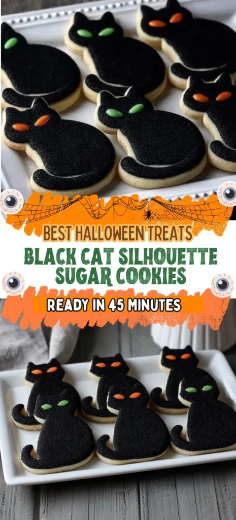 Black Cat Silhouette Sugar Cookies decorated with black sanding sugar and bright green and orange candy eyes, Halloween cookies on a white platter.