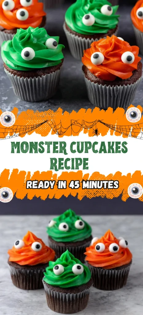 Monster Cupcakes with green and orange buttercream swirls, topped with candy eyes, arranged on a marble countertop with Halloween-themed decorations.