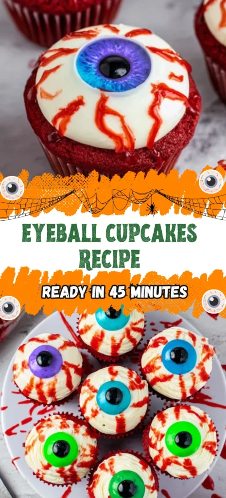 Spooky Eyeball Cupcakes with Red Velvet, Frosting, and Blood Drizzle