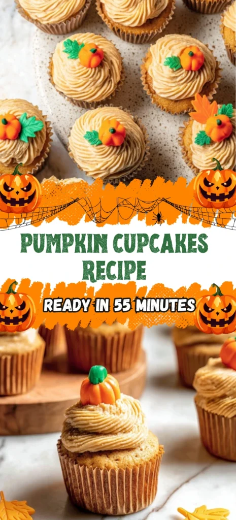 Pumpkin cupcakes with spiced cream cheese frosting and mini pumpkin decorations, perfect for fall celebrations. Ready in just 55 minutes.
