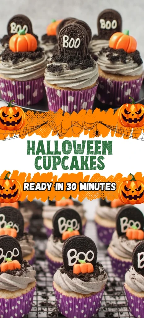 Halloween cupcakes decorated with Oreo tombstones, pumpkin toppers, and cookie crumbs, perfect for spooky celebrations.