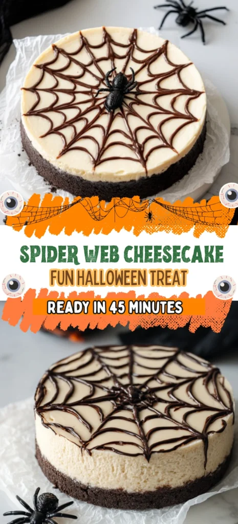 Spider Web Cheesecake with Chocolate Crust and Halloween Decoration
