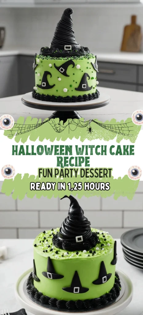 Halloween Witch Cake with Green Buttercream and Fondant Hat Topper