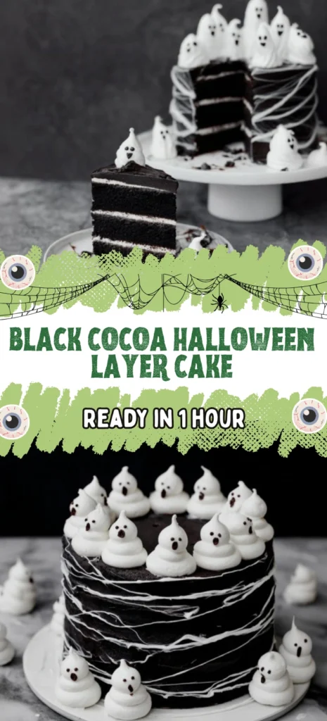Black Cocoa Halloween Layer Cake with Marshmallow Webs and Ghost Meringues
