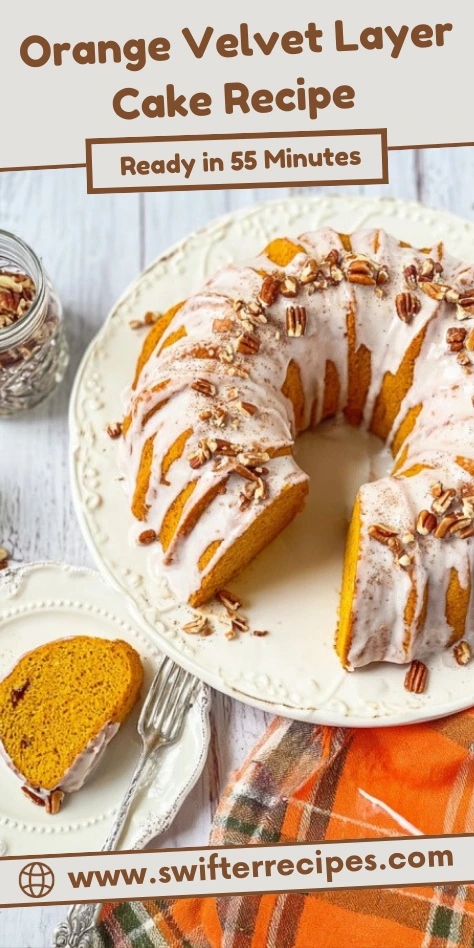 Pumpkin Spice Bundt Cake topped with creamy cinnamon glaze and chopped pecans on a white plate with a slice served on the side
