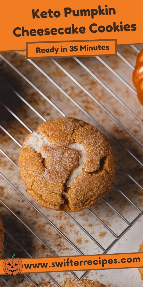 Freshly baked Keto Pumpkin Cheesecake Cookies on cooling rack with cheesecake center