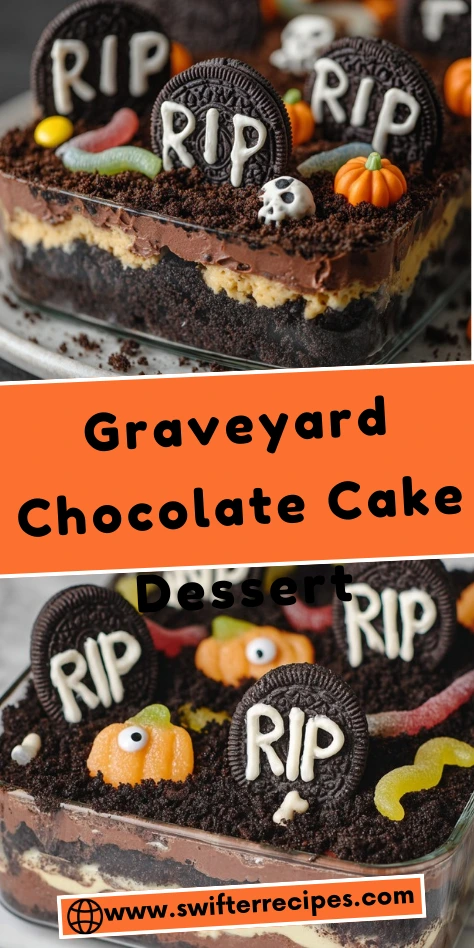 Graveyard Chocolate Cake Dessert with Oreo Tombstones and Halloween Decorations