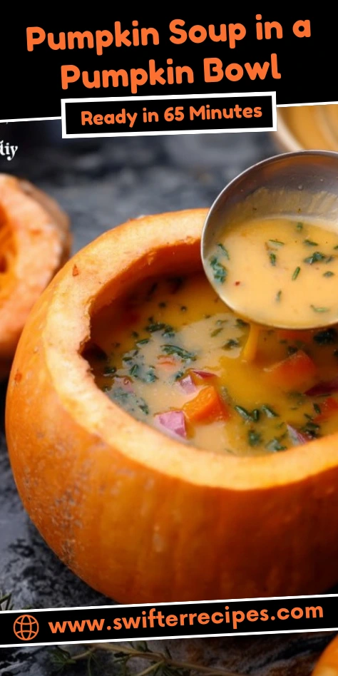 Pumpkin Soup in a Pumpkin Bowl with fresh vegetables, served with a ladle on a marble countertop.