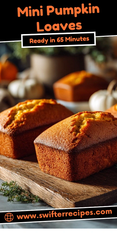 Mini Pumpkin Loaves freshly baked, golden-brown and moist, presented on a rustic wooden board with a cozy autumn backdrop of pumpkins and soft lighting.