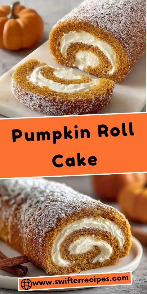 Pumpkin roll cake with cream cheese filling, dusted with powdered sugar, and decorated with a cinnamon stick and pumpkins.