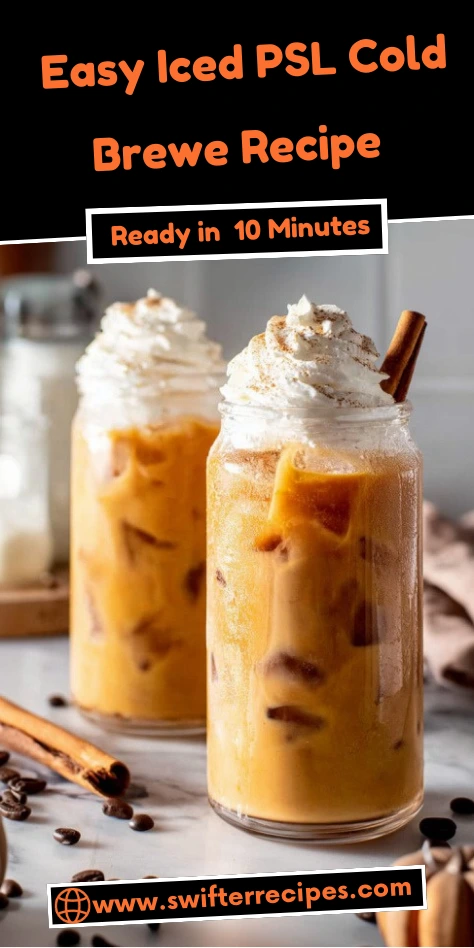 Two jars of iced pumpkin spice latte cold brew with whipped cream, cinnamon, and cinnamon sticks.