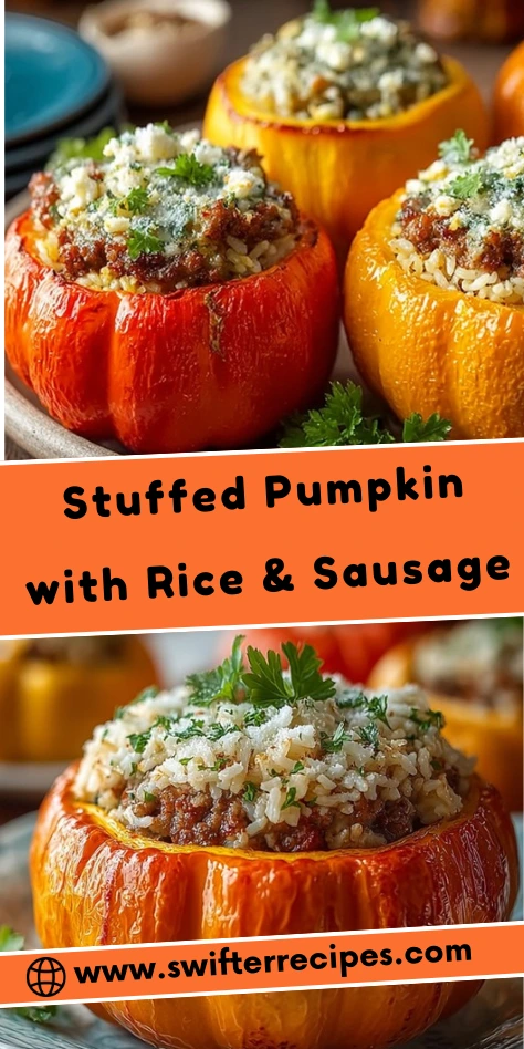Stuffed pumpkin with rice and sausage baked with Parmesan and herbs, a festive fall dinner recipe served in roasted pumpkins